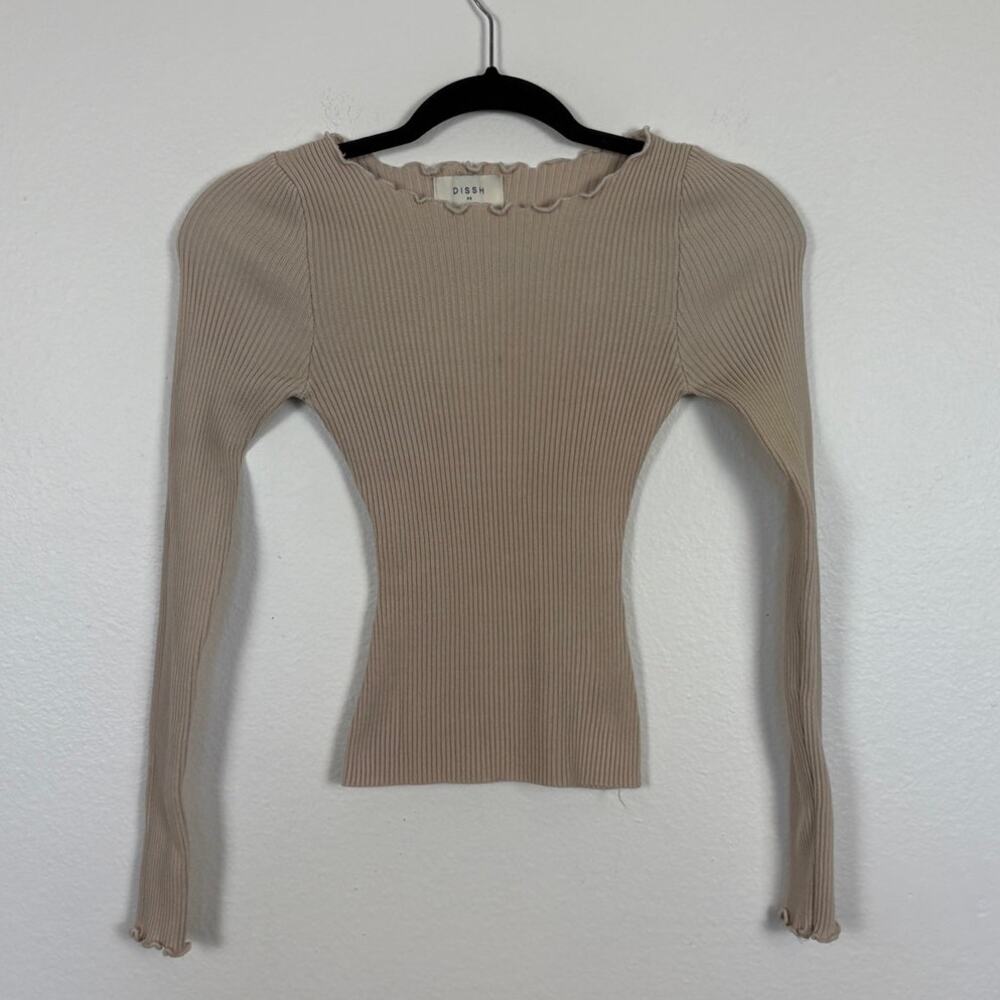Dissh Knit Ribbed Lettuce Hem Long Sleeve Stretch Tee XS